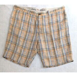 TOMMY BAHAMA Men's Shorts Sz 42 Linen Tencel Blend Blue Plaid Camp Relax 10"